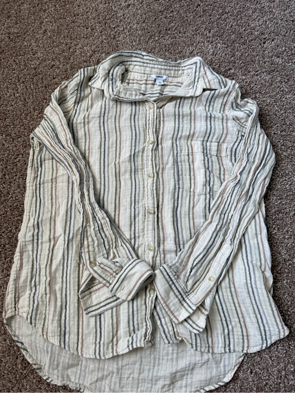 Sonoma Cream Button-Down Shirt with Gray & Tan Stripes